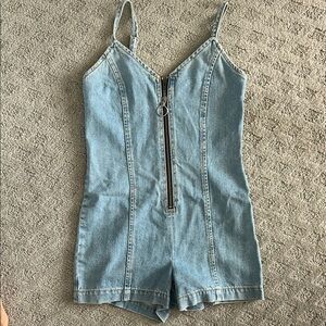 Topshop Blue Denim One Piece Shorts with Adjustable Straps